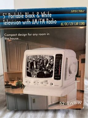 New in Box Spectra 5" Portable Black & White TV with AM/FM Radio: 52-BWR-W